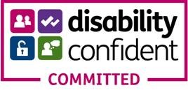 Disability confident committed logo in purple, magenta, green, navy and black