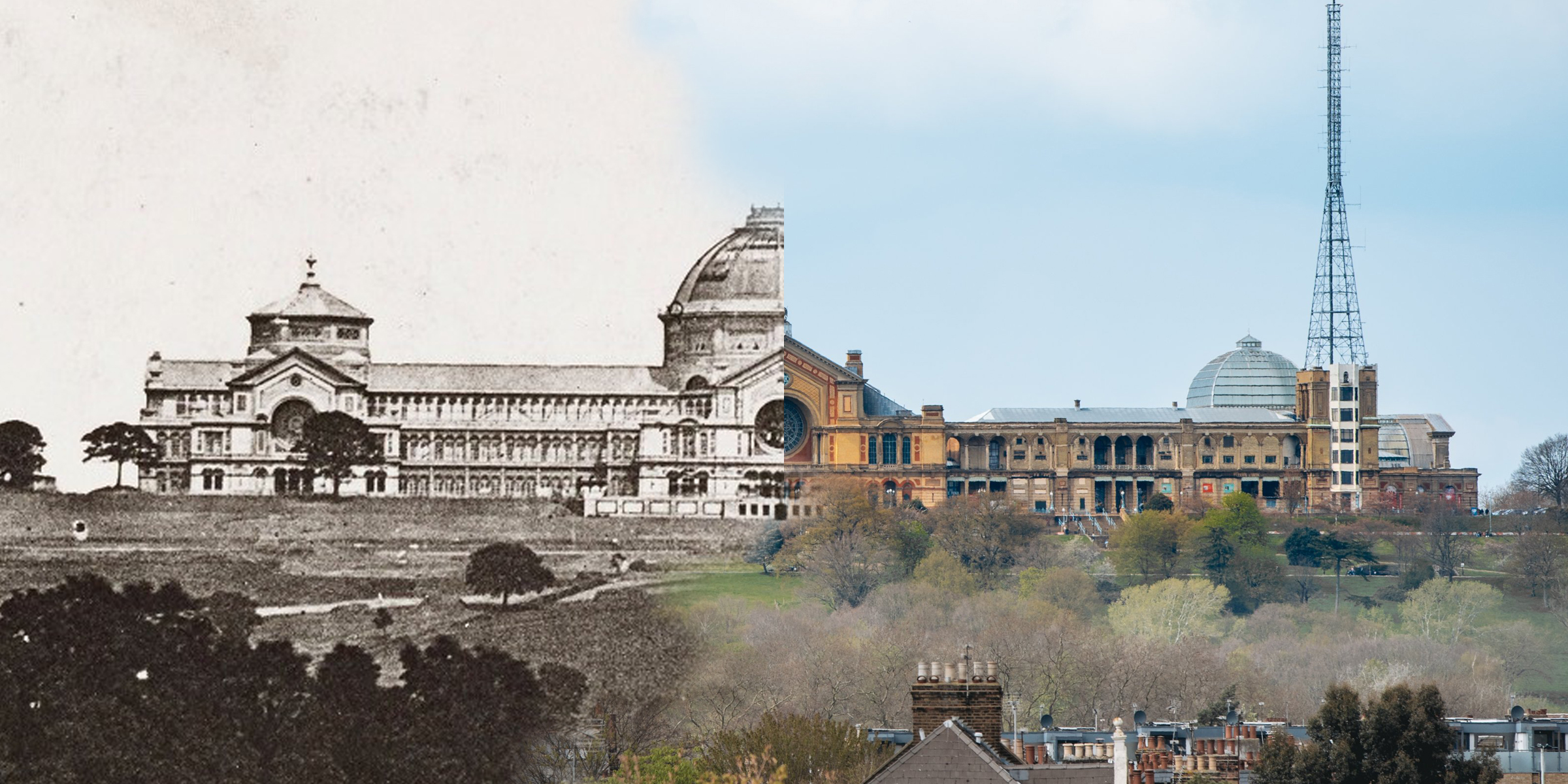 Old and new picture of the frontage of Alexandra Palace next to each other to compare the differences.